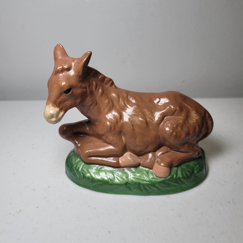Pacific Mold Donkey Vintage Ceramic Nativity Piece Brown Green 4 Inch Figurine